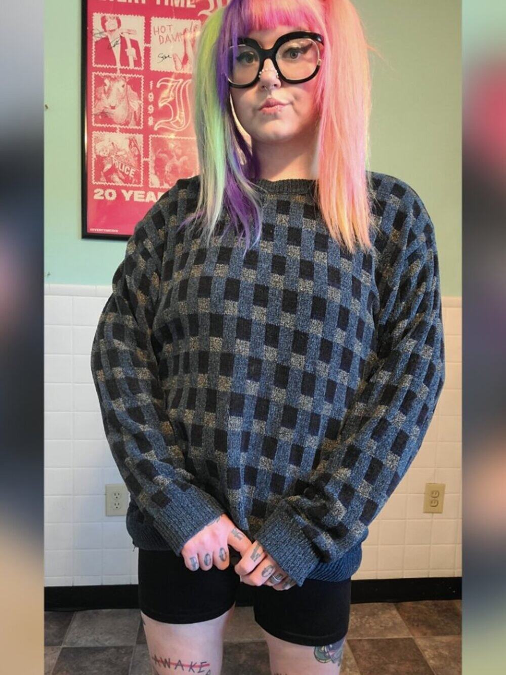 Vintage 90s Grunge Grandpacore Blue Black Patterned Pullover Sweatshirt Size Med